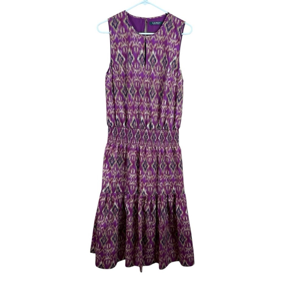 Lauren Ralph Lauren Ikat Blouson Smocked Tiered Midi Dress Size M Sleeveless‎